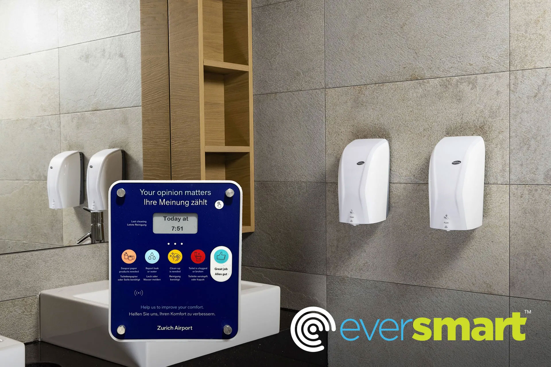 EverSmart washroom feedback panel at Zurich Airport above a restroom sink