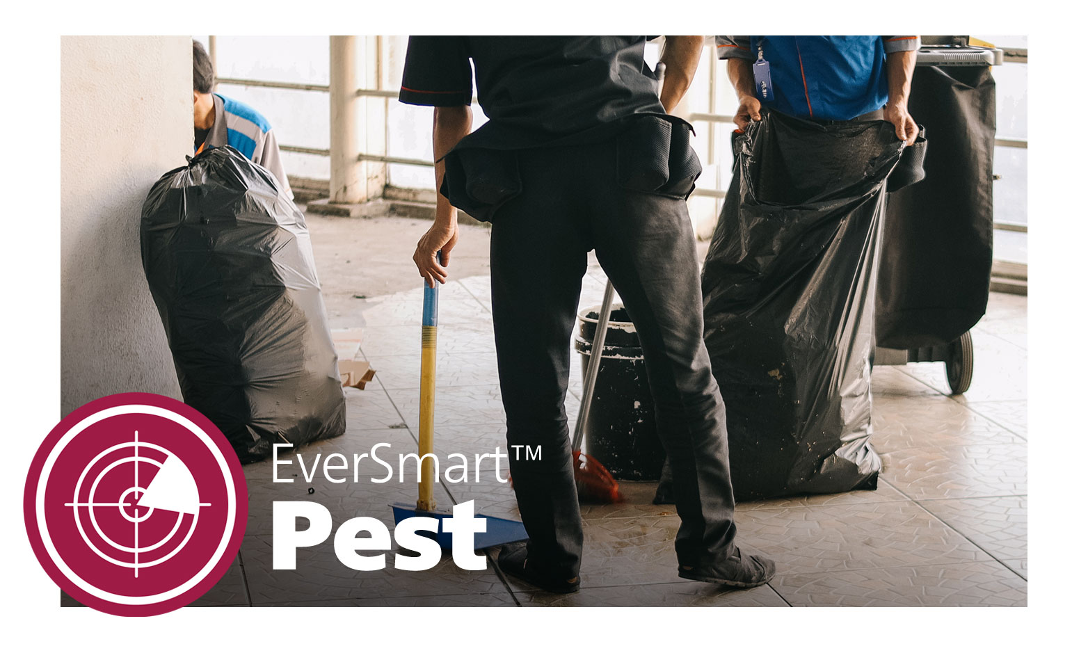 EverSmart Pest branding over airport cleaning staff collecting waste