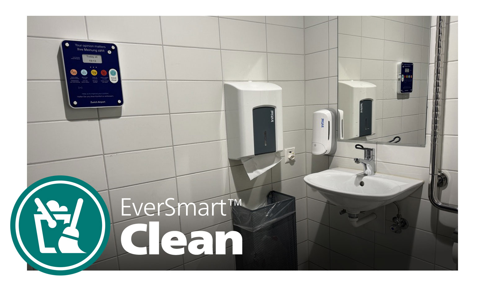 EverSmart Clean feedback panel mounted beside a restroom sink and mirror
