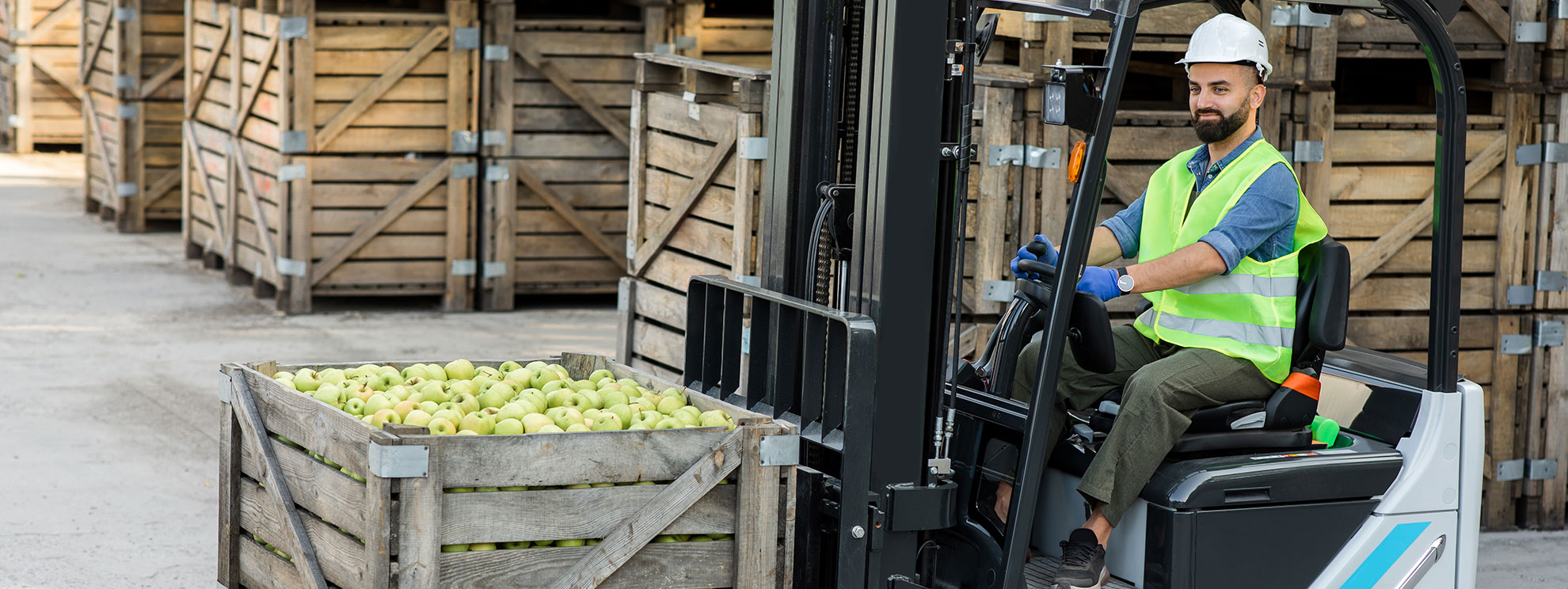 Forklift driver carrying a crate of apples through a food distribution warehouse
