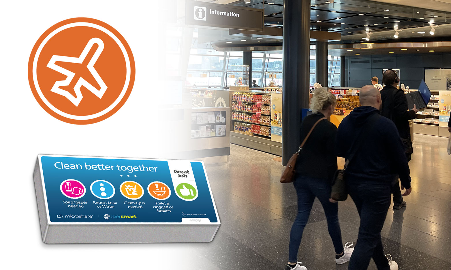 EverSmart service request device beside travelers walking through an airport terminal