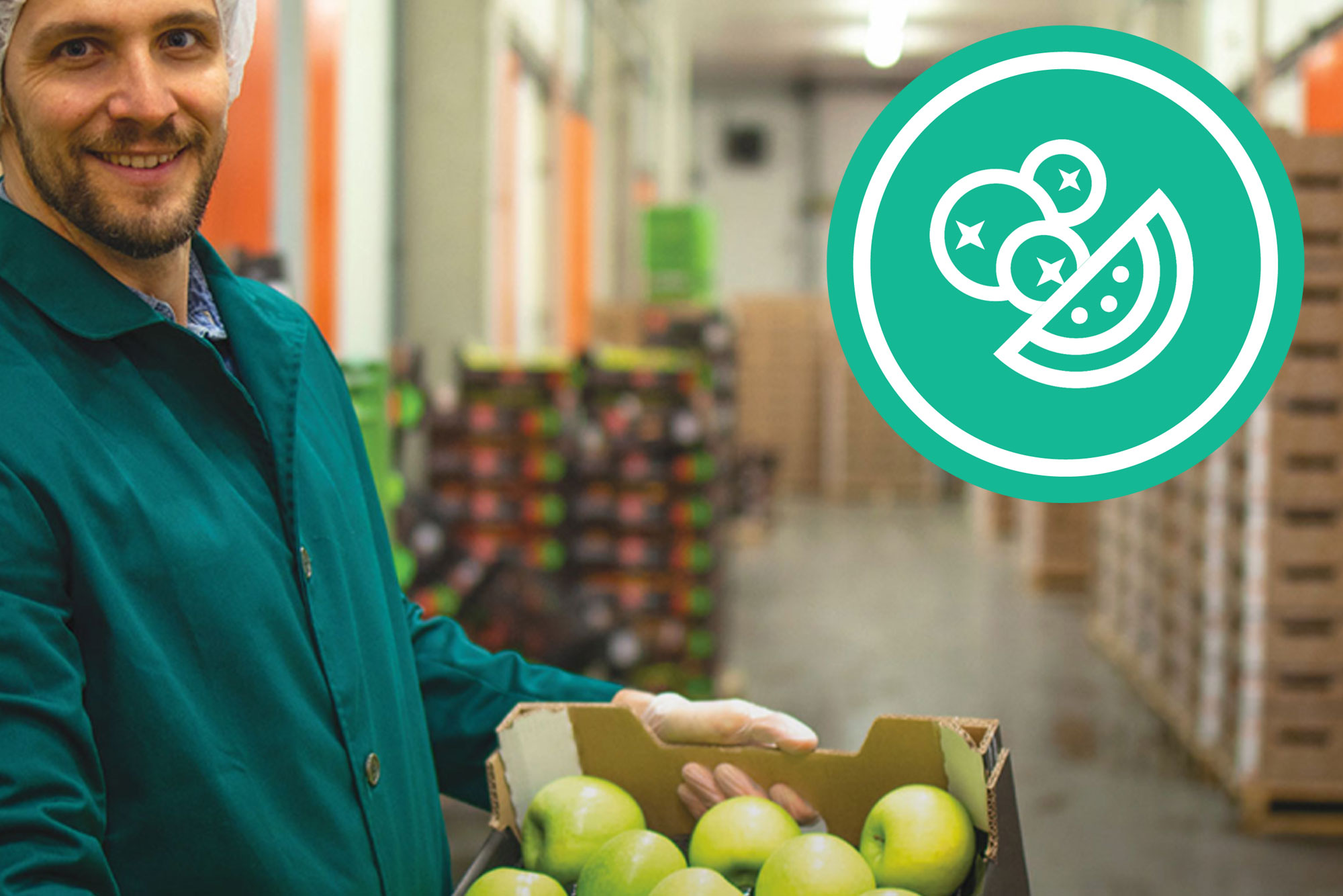 Worker in a hairnet holding a box of apples inside a food distribution warehouse