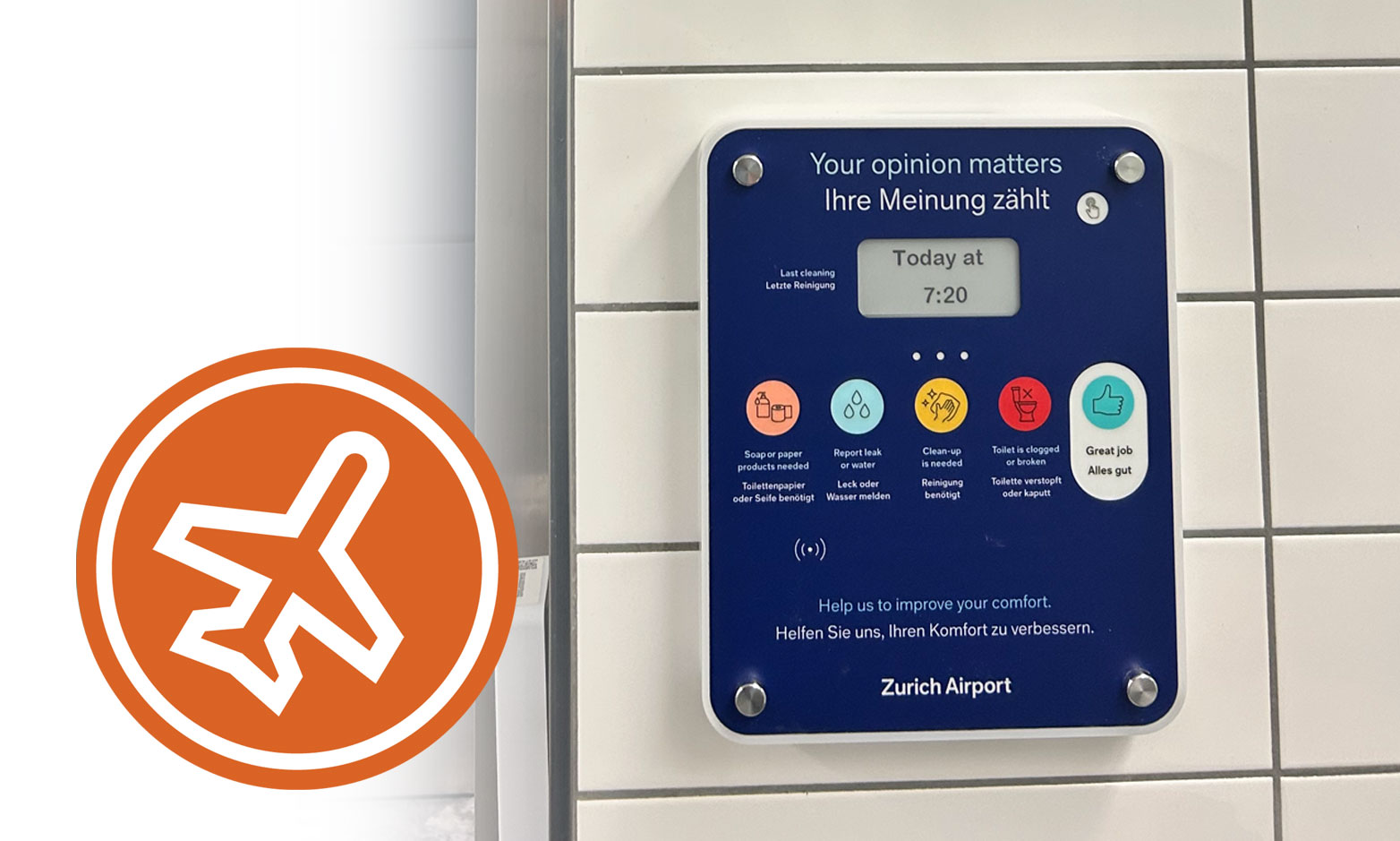 EverSmart Clean feedback panel in a Zurich Airport washroom