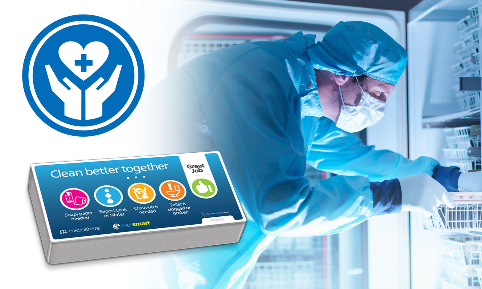 EverSmart Clean feedback panel beside a worker in cleanroom gear checking refrigerated storage