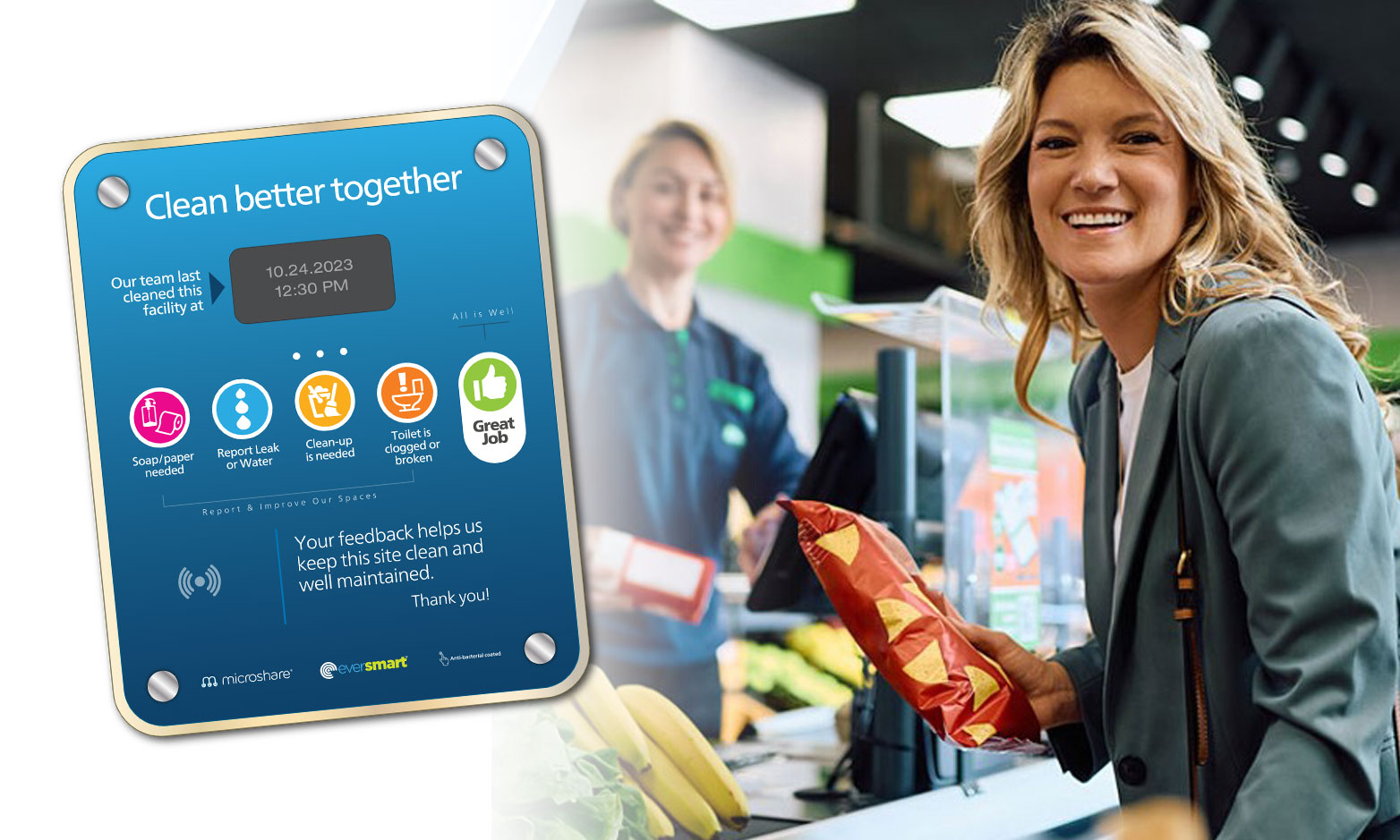 EverSmart Clean feedback panel beside a smiling shopper holding a bag of snacks at a grocery store checkout