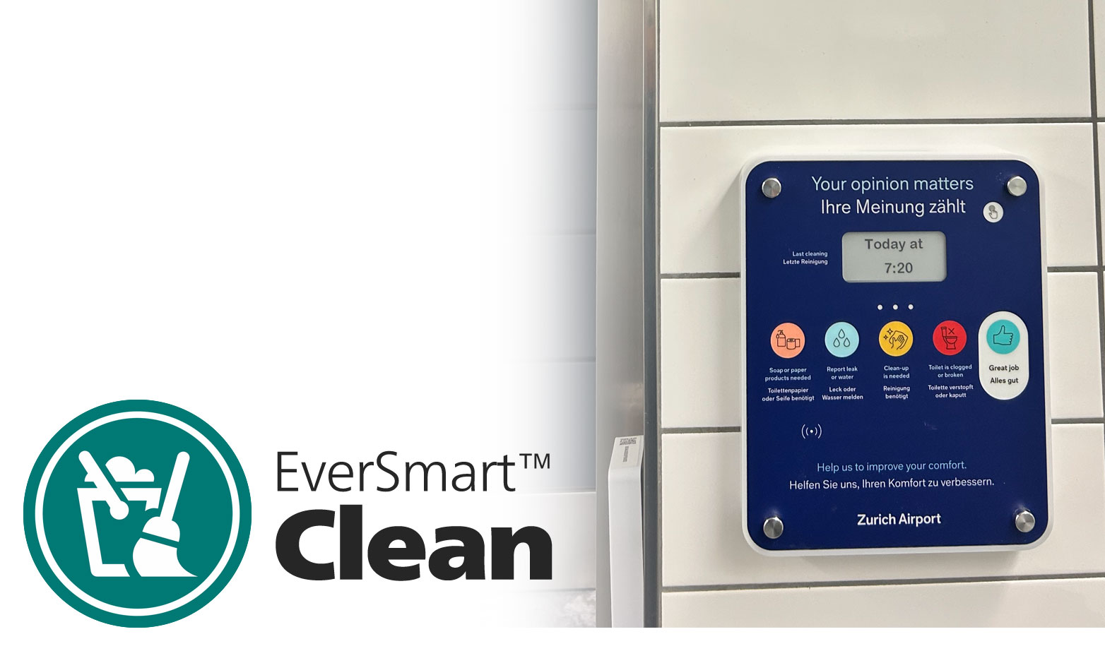 EverSmart Clean washroom feedback panel at Zurich Airport above a restroom sink